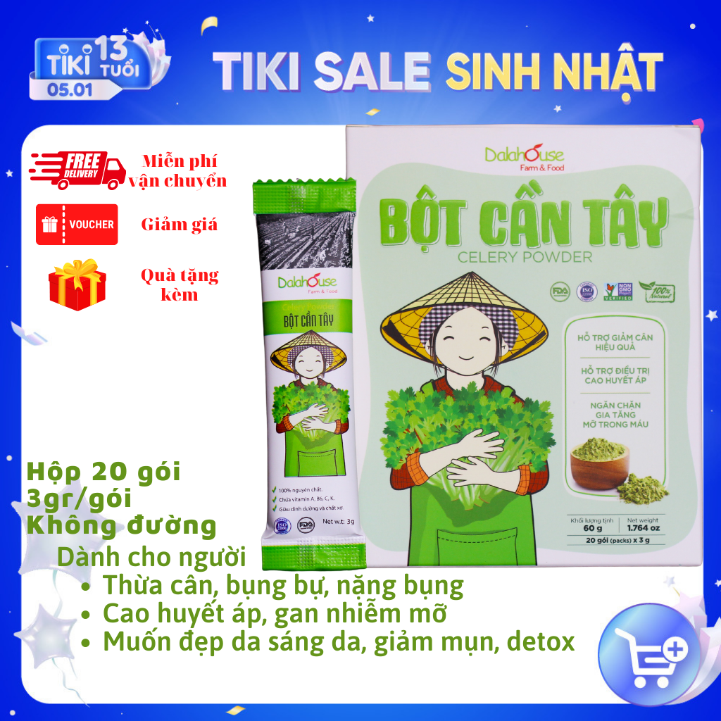 Bột cần tây hữu cơ nguyên chất sấy lạnh Dalahouse - Mẫu mới 2022 Hộp - Hỗ trợ giảm cân, cao huyết áp, ngăn chặn gia tăng mỡ trong máu