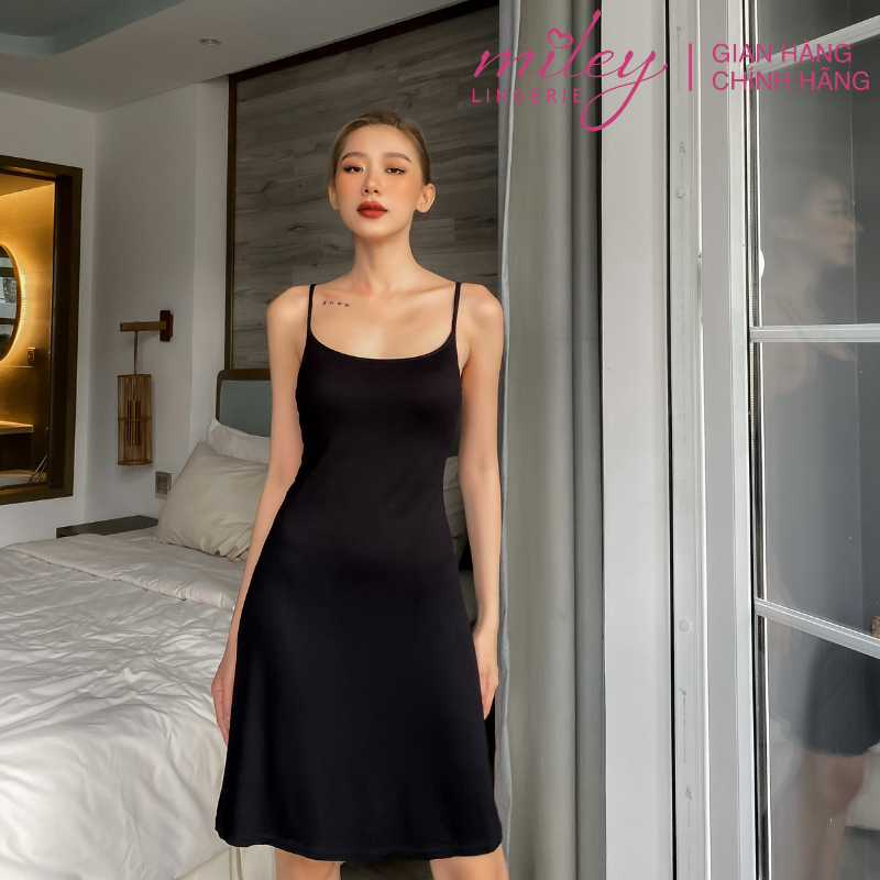 Đầm Mặc Nhà 2 Dây Cotton Modal Miley Comfort Đen - DDS0102