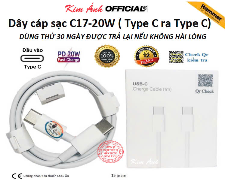 Dây sạc nhanh Ham mer C17, PD 20W chân Type C ra Type C, sạc rất nhanh vào pin, Kim Ánh bảo hành hàng chính hãng 12 tháng