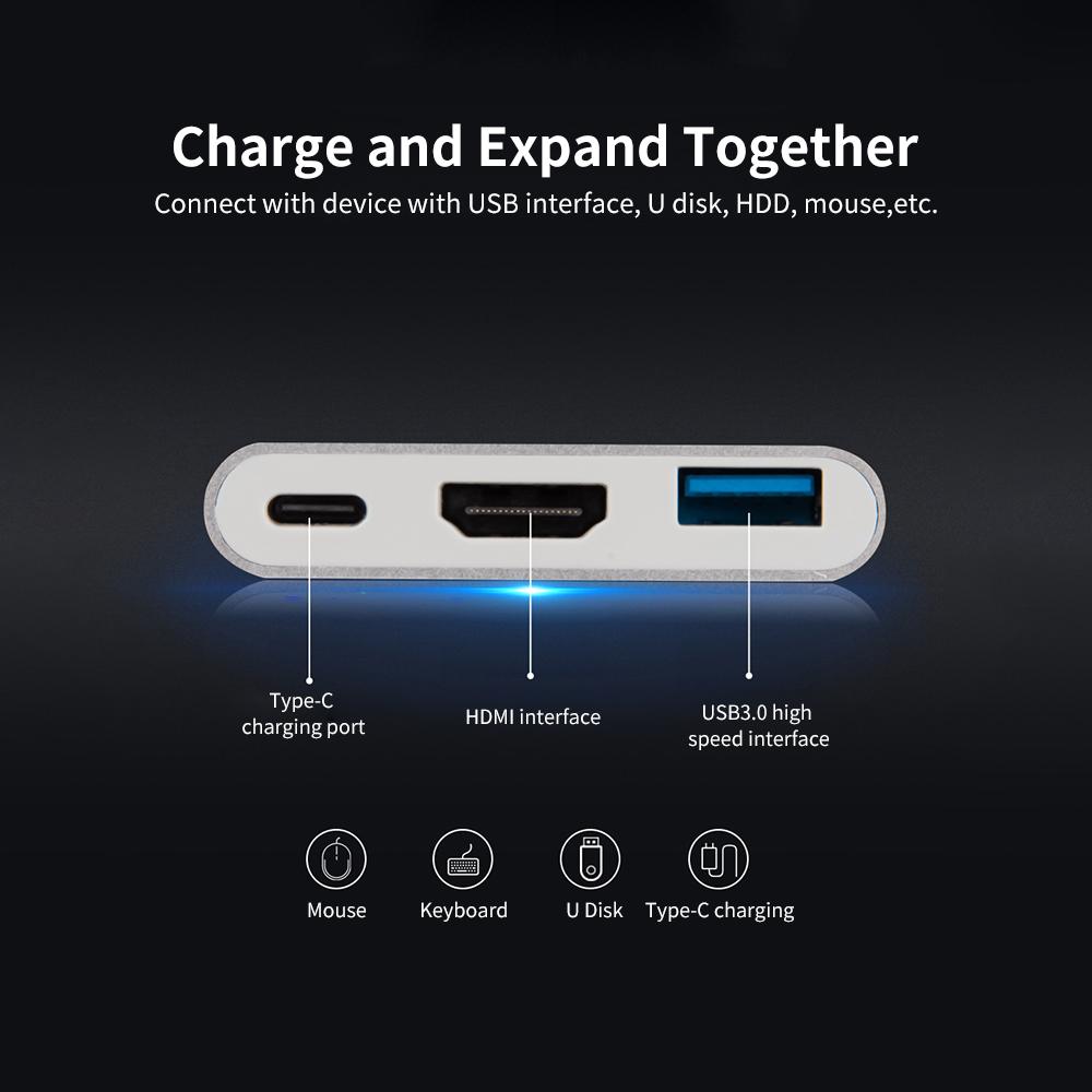 Hugeke Trung tâm mở rộng 3 trong 1 Type-C Bộ chuyển đổi USB C sang HD / USB3.0 / PD Bộ chuyển đổi 4K / 2K Thay thế cho Mac / Huawei / Samsung