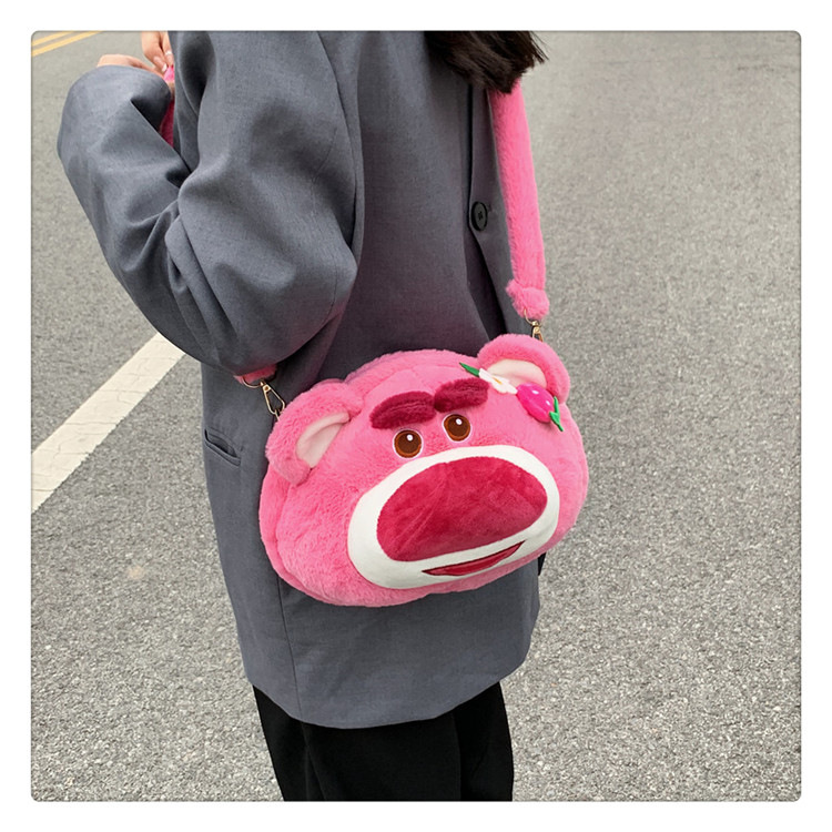 Túi Gấu Dâu Lotso Size Lớn Dây Nhung, Túi Gấu Bông Gòn Đeo Chéo