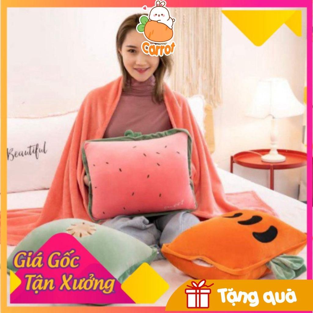 Bộ chăn gối gấu bông hoa quả vuông siêu mềm mịn chất vải miniso