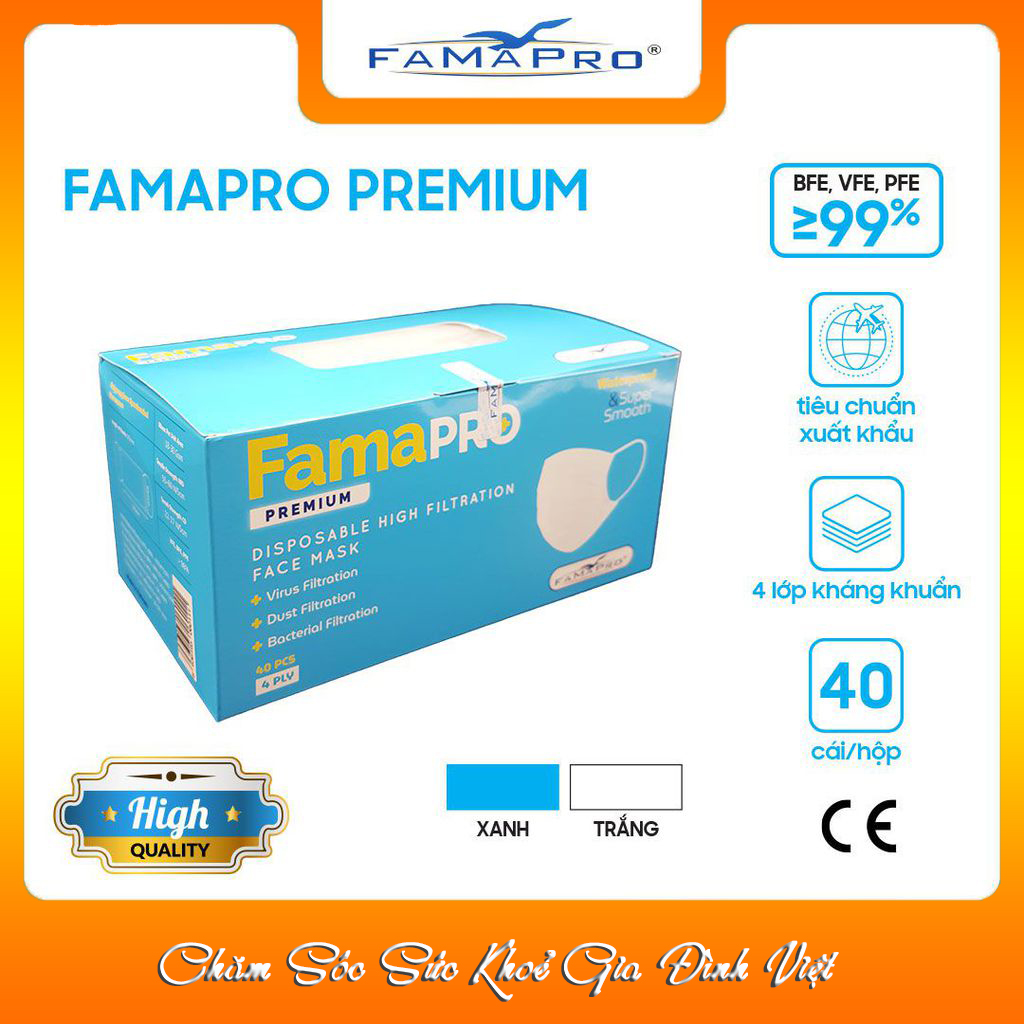 [COMBO Ưu Đãi] Khẩu Trang Y Tế Kháng Khuẩn Cao Cấp Famapro Premium/Kháng Virus, Bụi, Lọc Khuẩn 99% [Chính Hãng Xuất Khẩu Mỹ Hộp 40 Cái