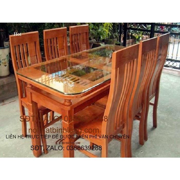 Bộ bàn ghế ăn 6 ghế bàn 2 tầng gỗ sồi nga