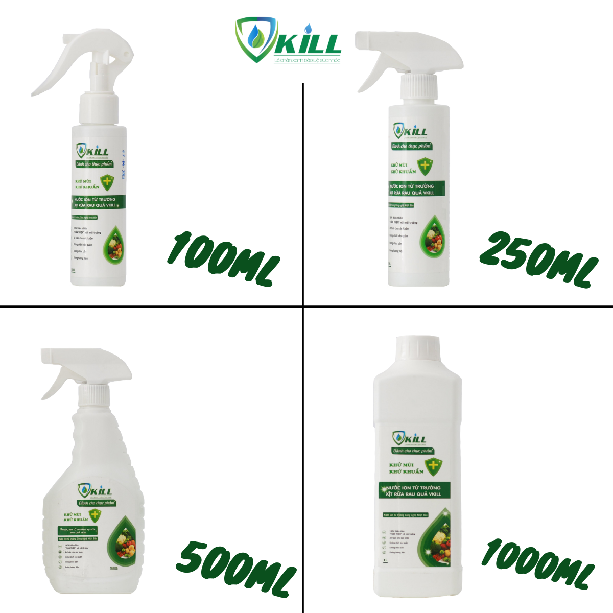 Nước rửa rau củ thực quả phẩm tươi sống Vkill 100ml an toàn khử khuẩn nhanh với ion từ trường công nghệ Nhật Bản