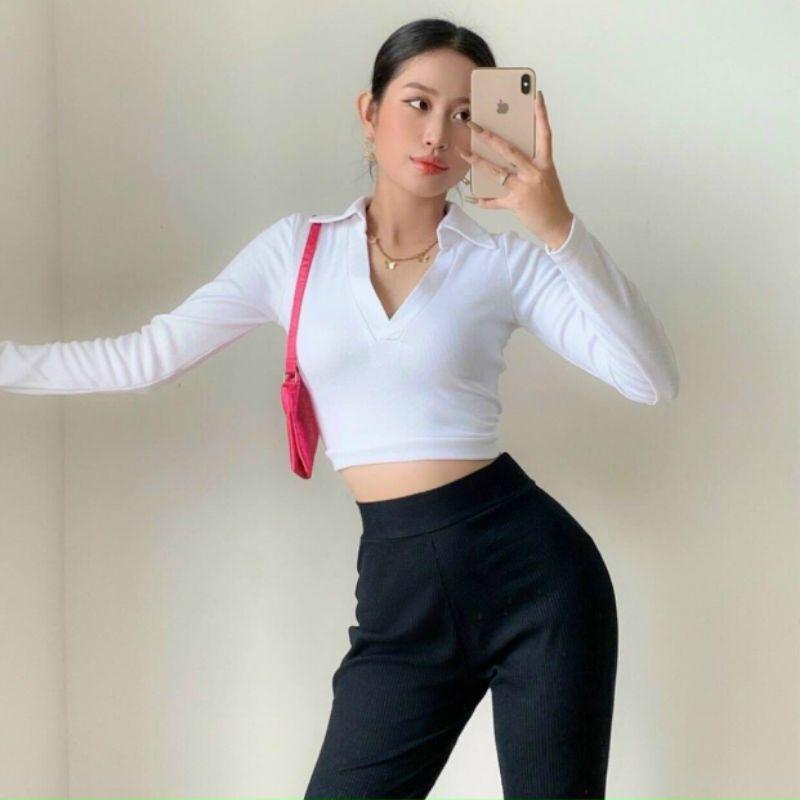 Áo croptop tay dài hở lưng buộc nơ trắng đen