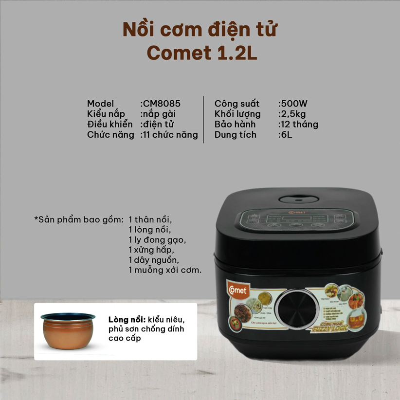 Nồi cơm điện tử COMET 1,2 lít CM8085 lòng nêu - Hàng chính hãng