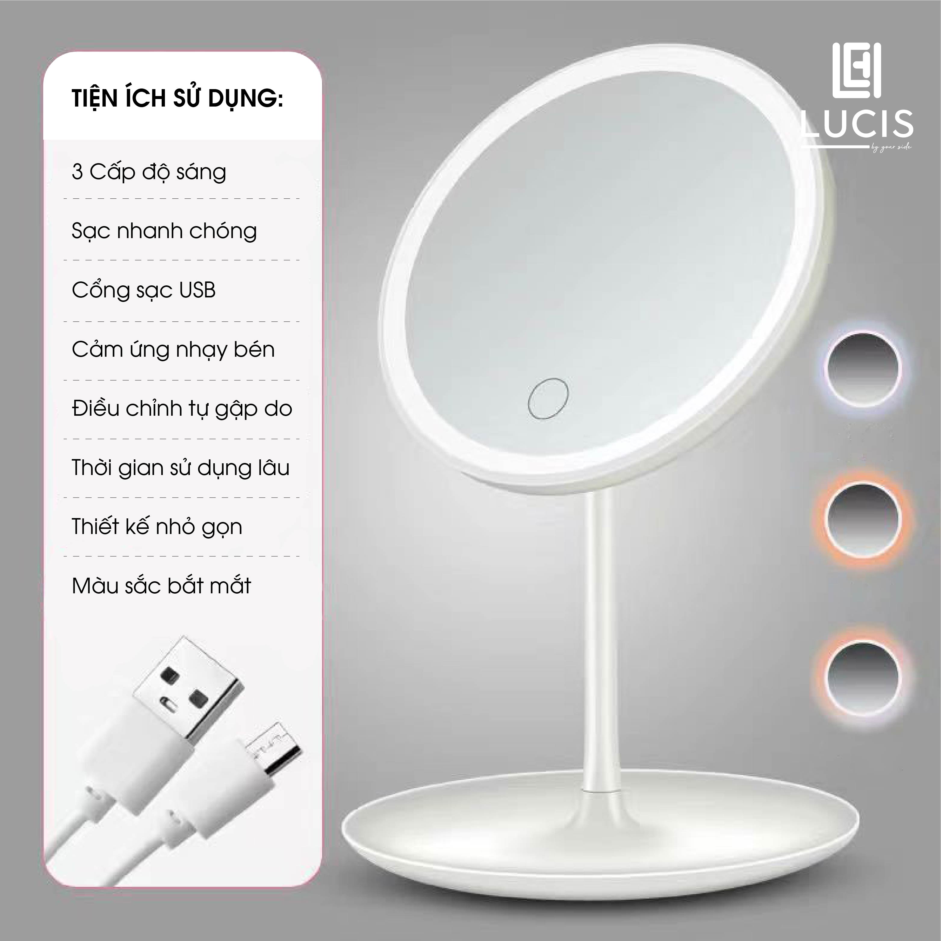 Gương Để Bàn Trang Điểm Có Đèn Led Cảm Ứng - 3 Chế Độ Ánh Sáng - Gương MakeUp Lucis Decor