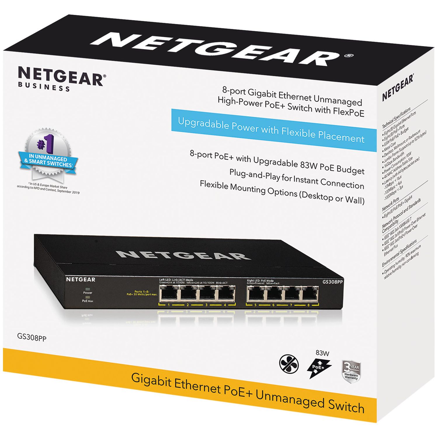 Bộ Chia Mạng Để Bàn 8 Cổng 10/100/1000M PoE+ Gigabit Ethernet Unmanaged Switch Netgear GS308PP - Hàng Chính Hãng