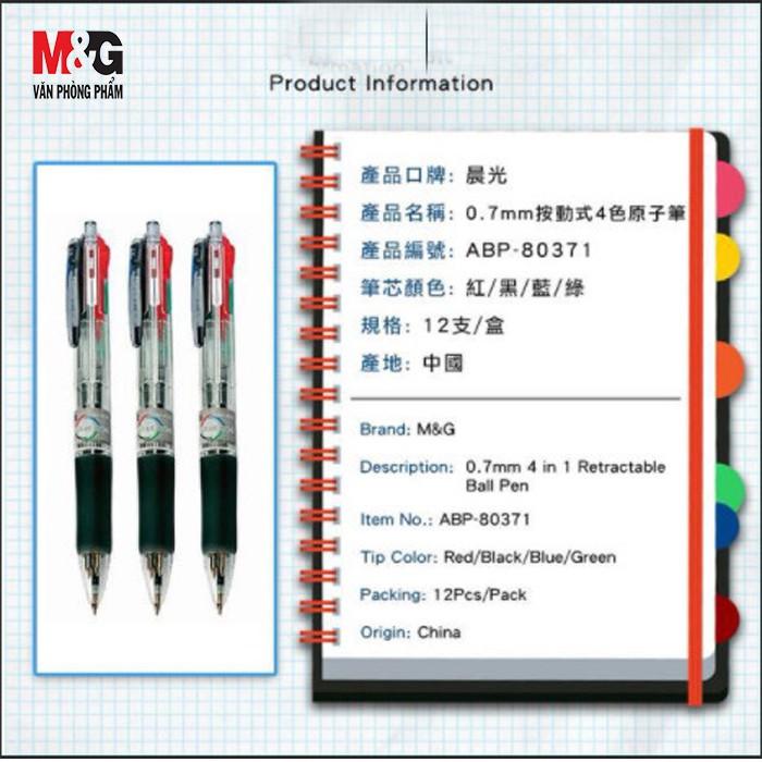 Bút bi 4 ngòi M&G ABP80371 ngòi 0.7 mm-ngòi màu xanh dương, xanh lá, đỏ, đen