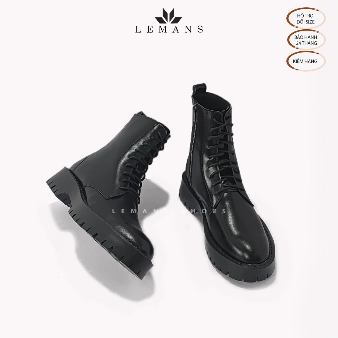 Giày da bò Chunky COMBAT Boots LEMANS nam - Đế Chunky cao 4.5cm - Khóa YKK - Bảo hành 24 tháng