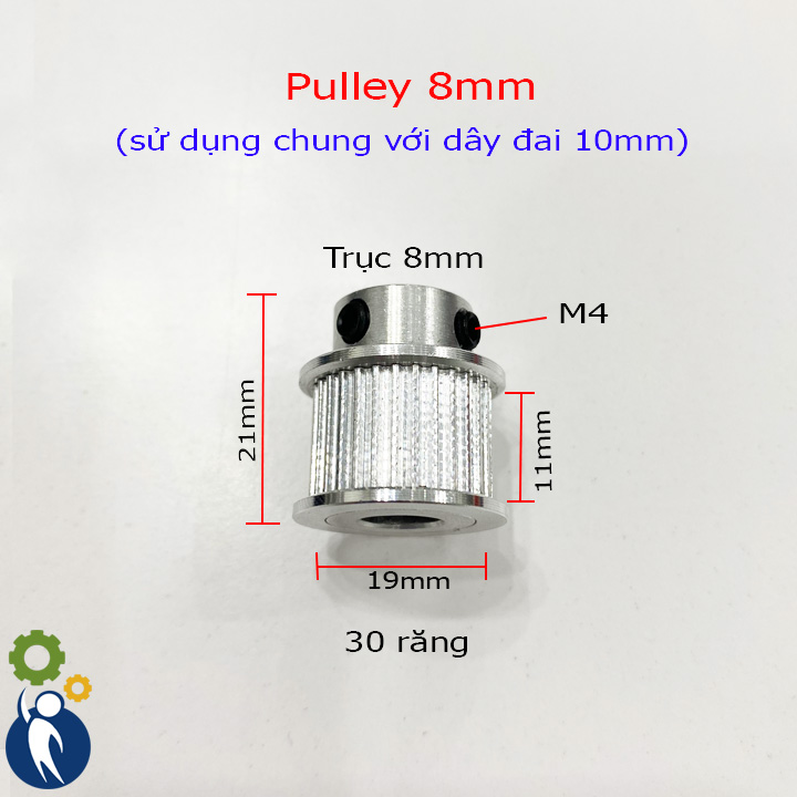 Buly, Puly, Pulley Trục 8mm - 30 Răng Đai 10, sử dụng với dây đai 2GT-10mm