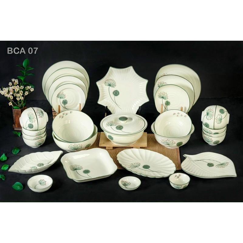 Bộ bát đĩa men kem, họa tiết hoa Bồ công anh vẽ thủ công