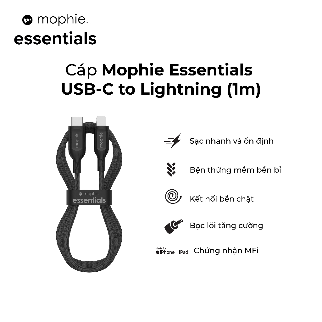 Cáp Mophie Essentials USB-C to LNing 1M/2M dành cho iP - Hàng chính hãng