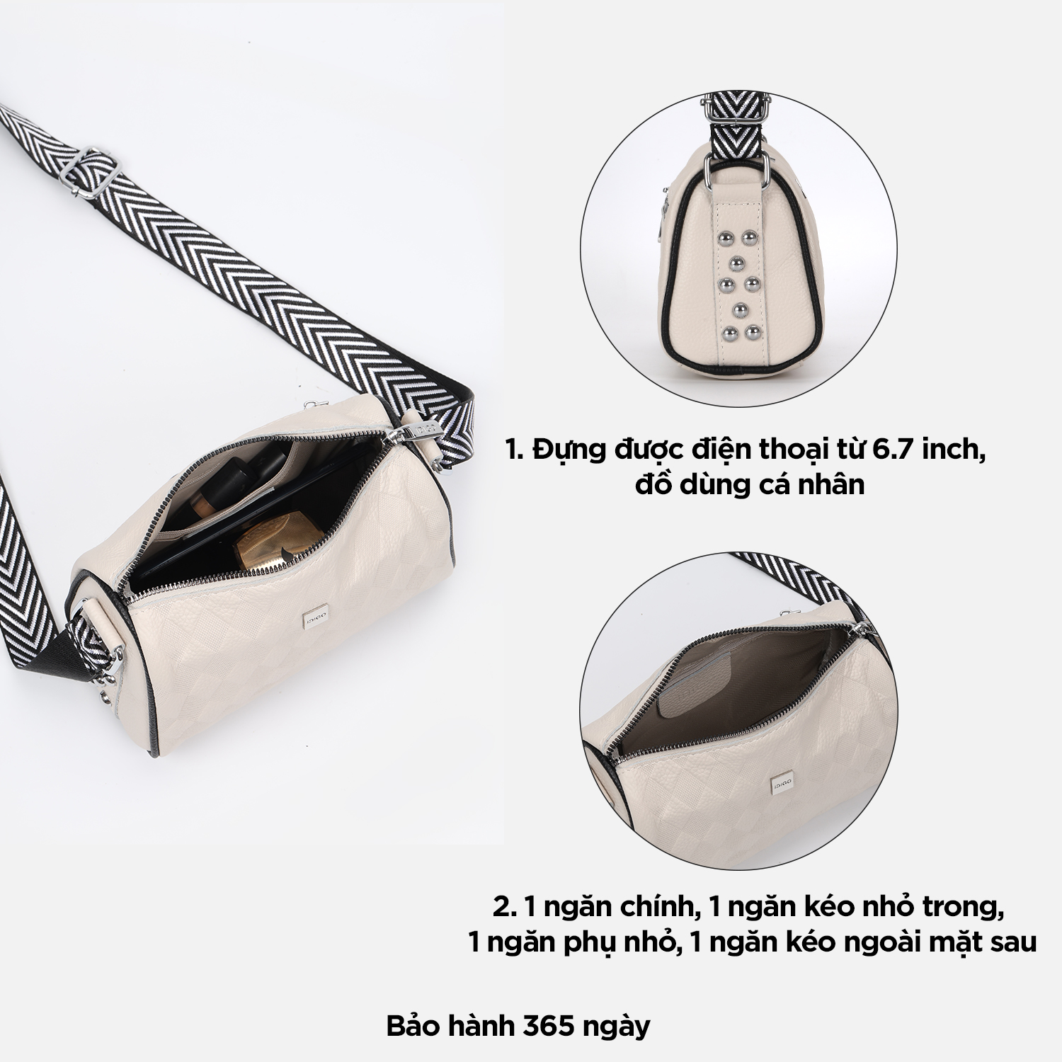 Túi đeo vai đi làm, túi đeo chéo nữ phom mềm, họa tiết nổi da bò thật IDIGO FB1 - 5062
