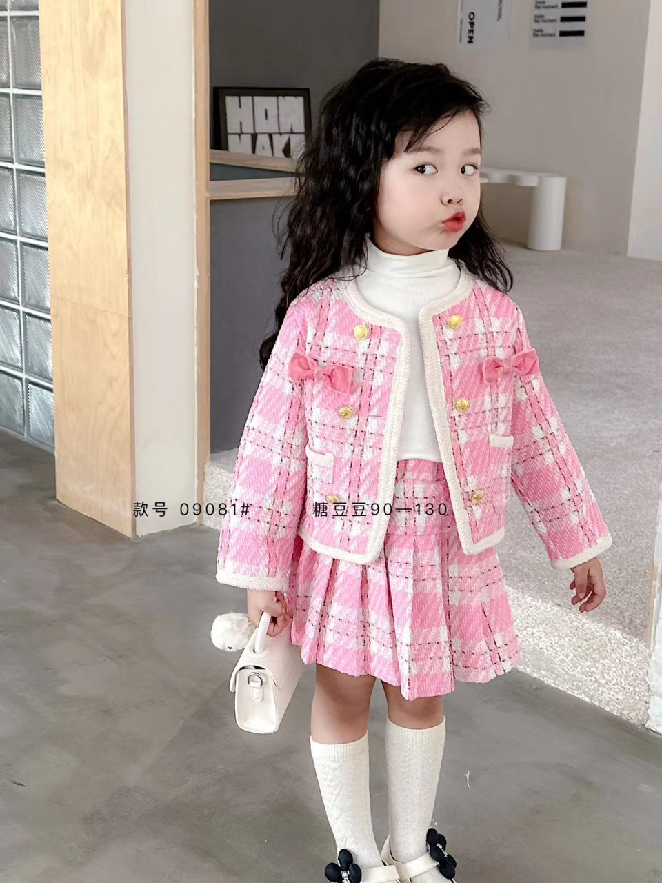 Set váy dạ cho bé gái, Váy thu đông trẻ em 2-7 tuổi đính nơ và kim tuyến phong cách Hàn Quốc kiểu dáng thời trang