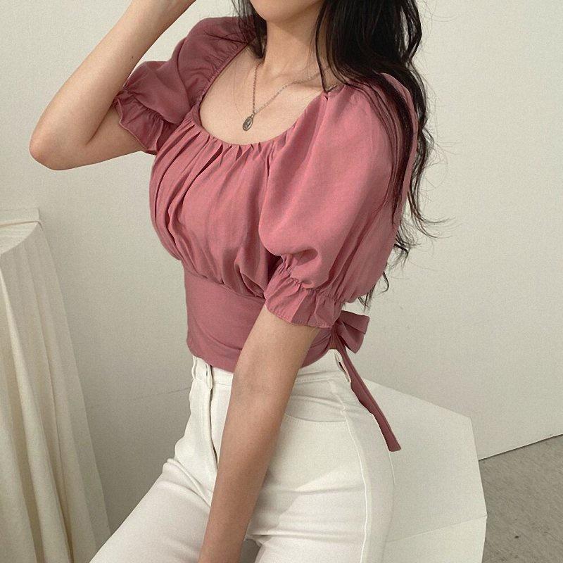 Áo kiểu cho nữ Sexy tay phồng ngắn xẻ , cổ chữ U trễ vai phong cách Hàn Quốc đáng yêu