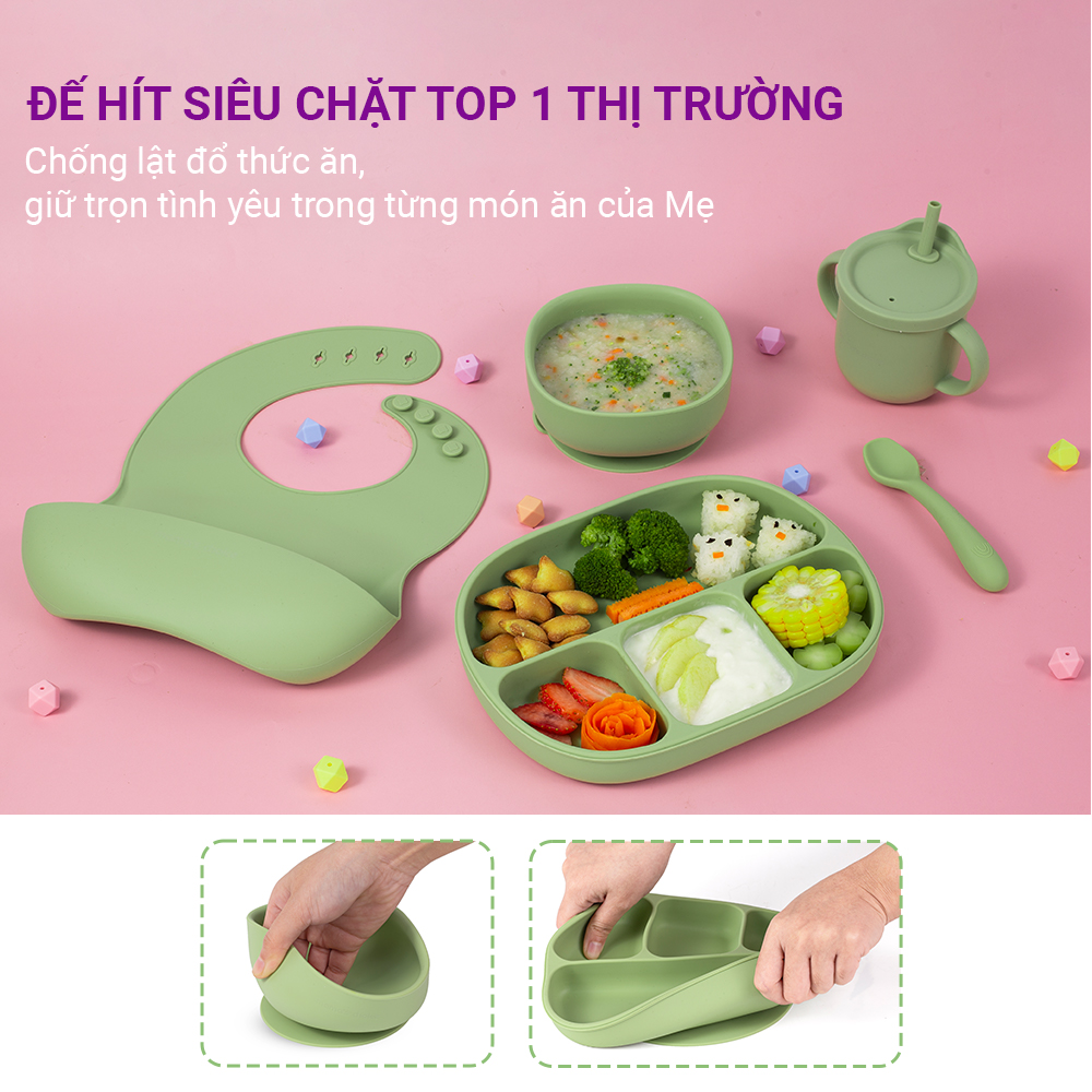 Bộ Ăn Dặm Cho Bé Thương Hiệu Mama's Choice, Combo Ăn Dặm Bát-Khay-Yếm-Thìa-Cốc Silicone Cao Cấp