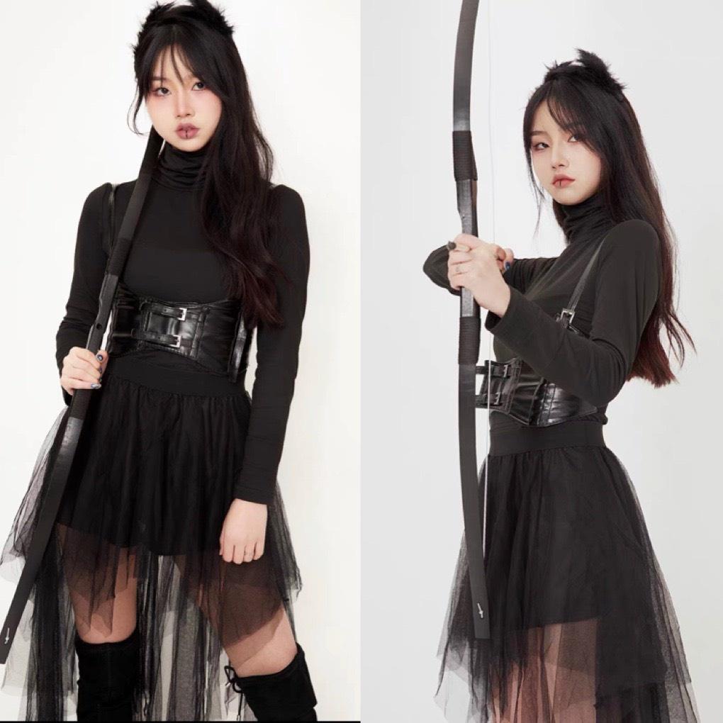 【 】Đai corset có dây trendy gothic màu nâu da PU siêu dày dặn