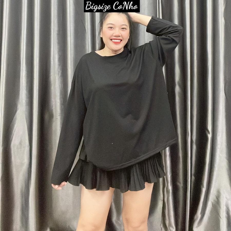 Áo thun trơn tay dài bigsize nữ freesize form rộng cho nàng Chuppy từ 58-95kg, Áo phông oversize THUN TD - Màu đen