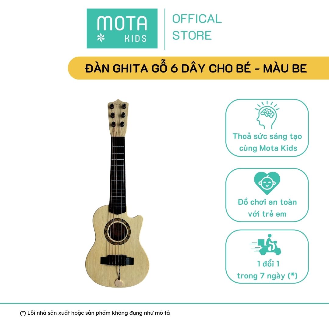 [M898-28TATBTCBE - Mota Montessori] Đồ chơi cho bé Đàn ghita gỗ 6 dây màu be - Hàng chính hãng