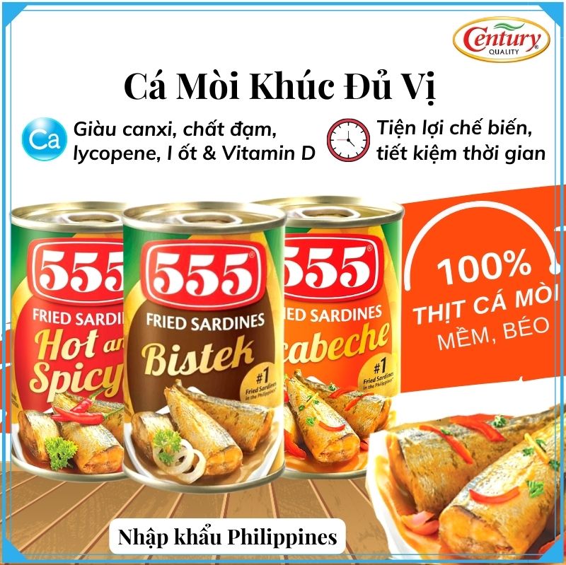 [Cao cấp] Cá mòi chiên 555 - Combo 3 hộp x 155g (Bistek, Sốt chua ngọt, sốt cay) - Nhập khẩu Philippines