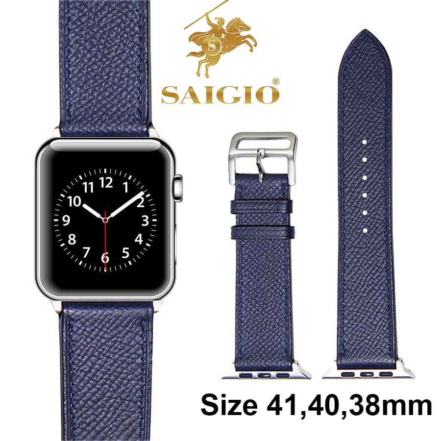 Dây Đồng Hồ Apple Watch 41mm 40mm 38mm, Chất Liệu Da Bê EPSOM Thảo Mộc Cao Cấp, Nhập Khẩu Từ Châu Âu, Dây Đeo Phong Cách Hiện Đại và Sang Trọng, Tương Thích Các Phiên Bản Series 8/7/6/5/4/3/2/1/SE/SE2 - Xanh Navy - ADAPTER BẠC