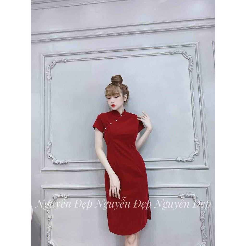 Váy đầm nữ màu đỏ kiểu sườn xám cách tân HT108
