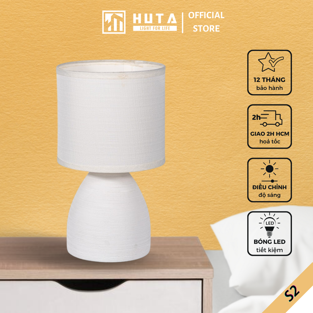 Đèn Ngủ HUTA Light For Life S2 Gốm Sứ Hiện Đại, Decor Trang Trí Phòng Ngủ, Điều Chỉnh Độ Sáng, Đèn Vàng Bóng LED Tiết Kiệm Điện