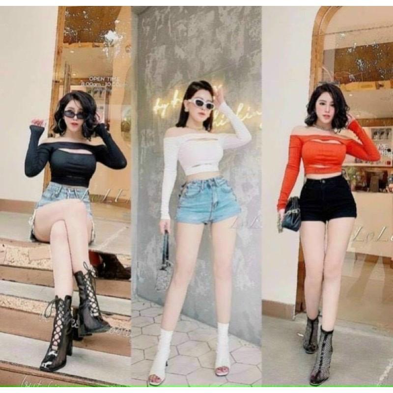 Áo croptop tay dài cut out hở ngực bẹt vai siêu xinh—- B0T