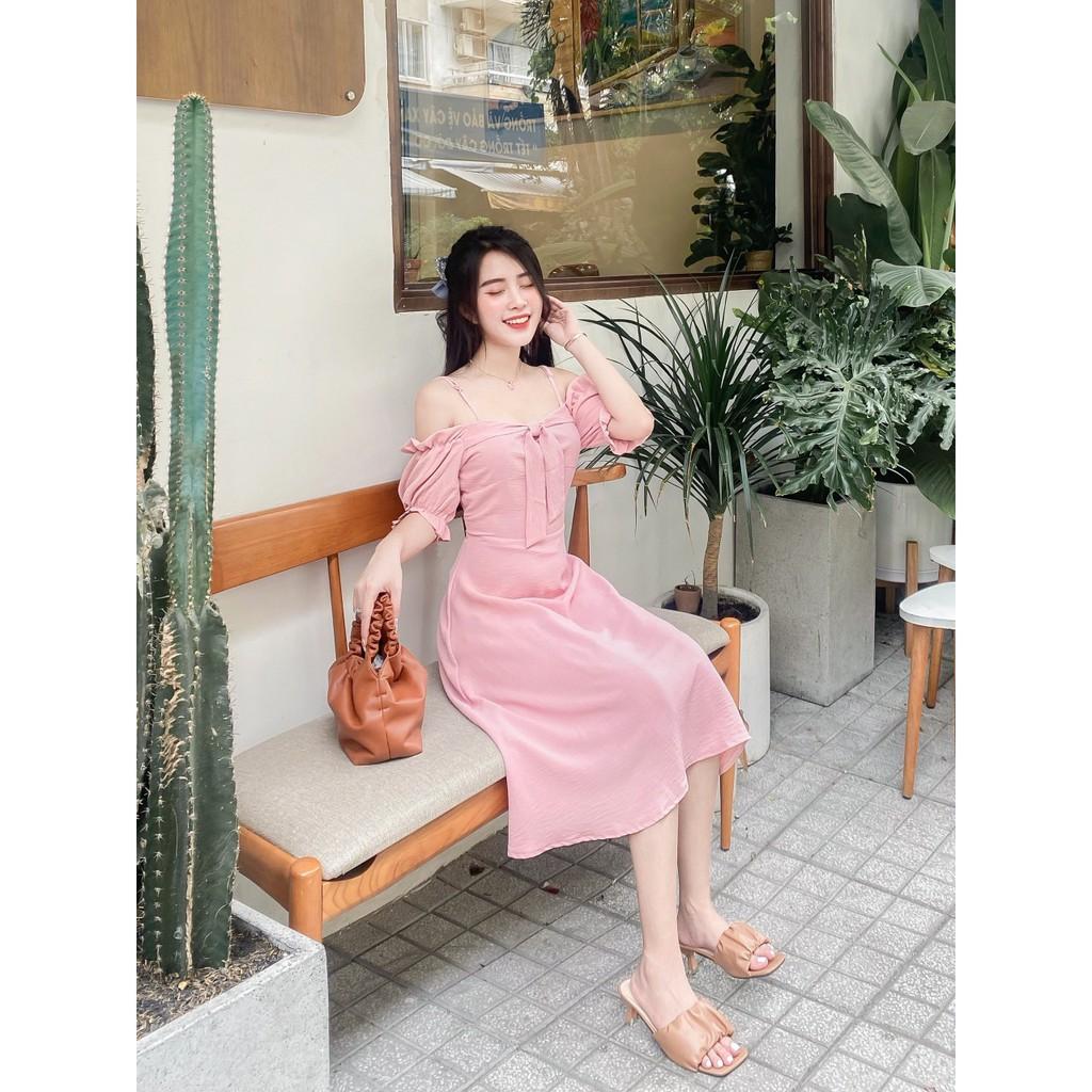 ĐẦM ĐŨI NHẮN 2 LỚP BẸT VAI DÁNG XÒE -hình thật shop chụp