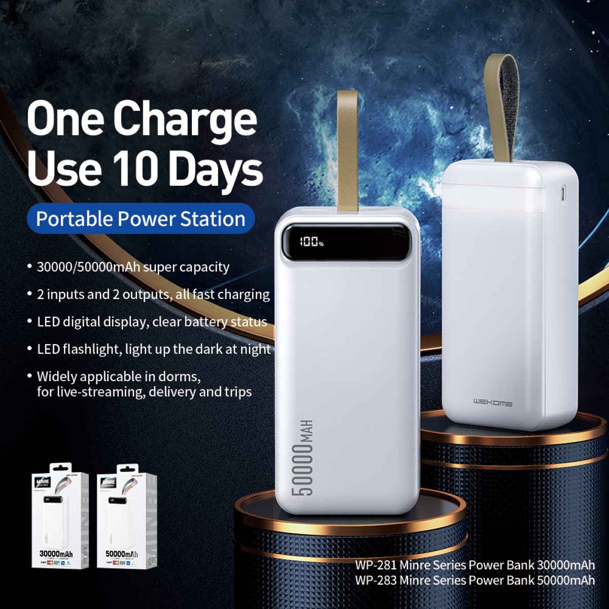 Sạc dự phòng 50000mAh WP 283 Trạm điện di động, 1 lần sạc sử dụng 10 ngày, 2 đầu vào 2 đầu ra tất cả đều sạc nhanh, hiển thị phần trăm pin, đèn pin led