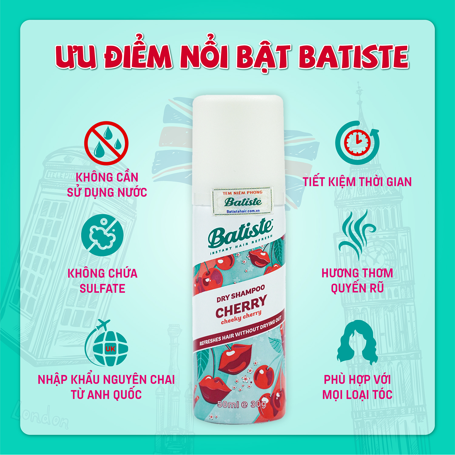 Dầu Gội Khô Hương Anh Đào - Batiste Dry Shampoo Fruity &amp; Cheeky Cherry 50ml