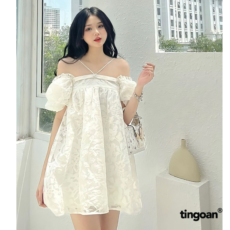 Áo babydoll bồng 3 lớp mặc được 2 kiểu vân hoa trắng kèm chi tiết dây buộc tingoan MINI HEART TOP/WH