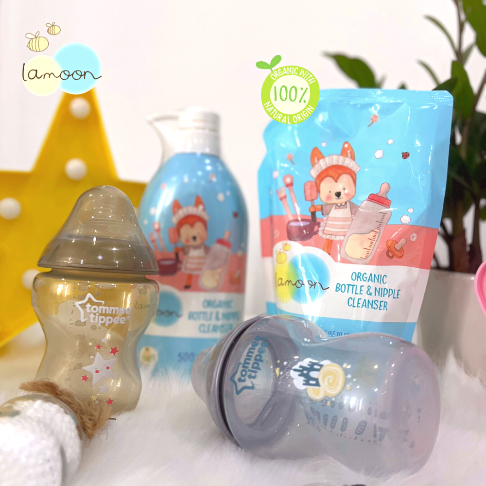 COMBO Nước rửa bình sữa Organic an toàn cho bé Lamoon dạng Bình 500ml + Túi refll 450ml