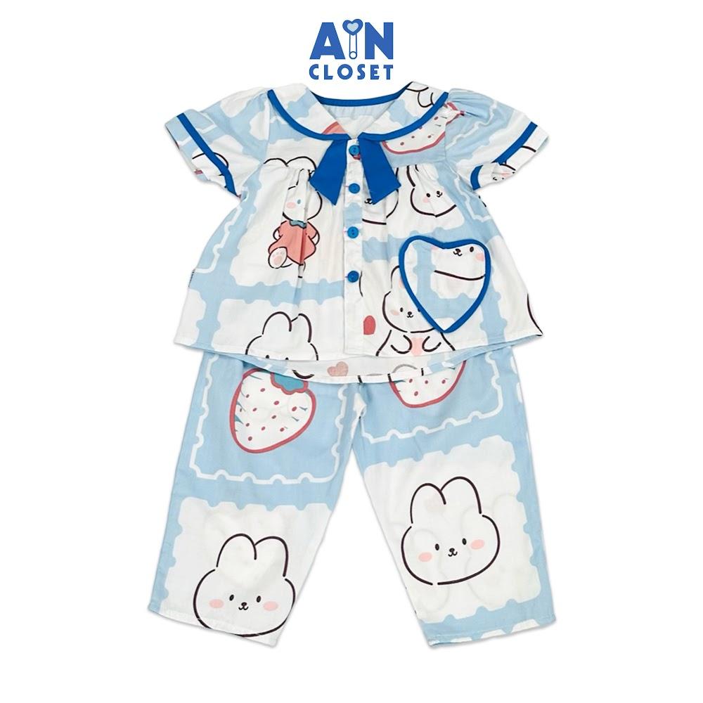 Bộ quần áo Dài tay ngắn bé gái họa tiết Thỏ Nơ Xanh Dương cotton - AICDBGQNDJX4 - AIN Closet