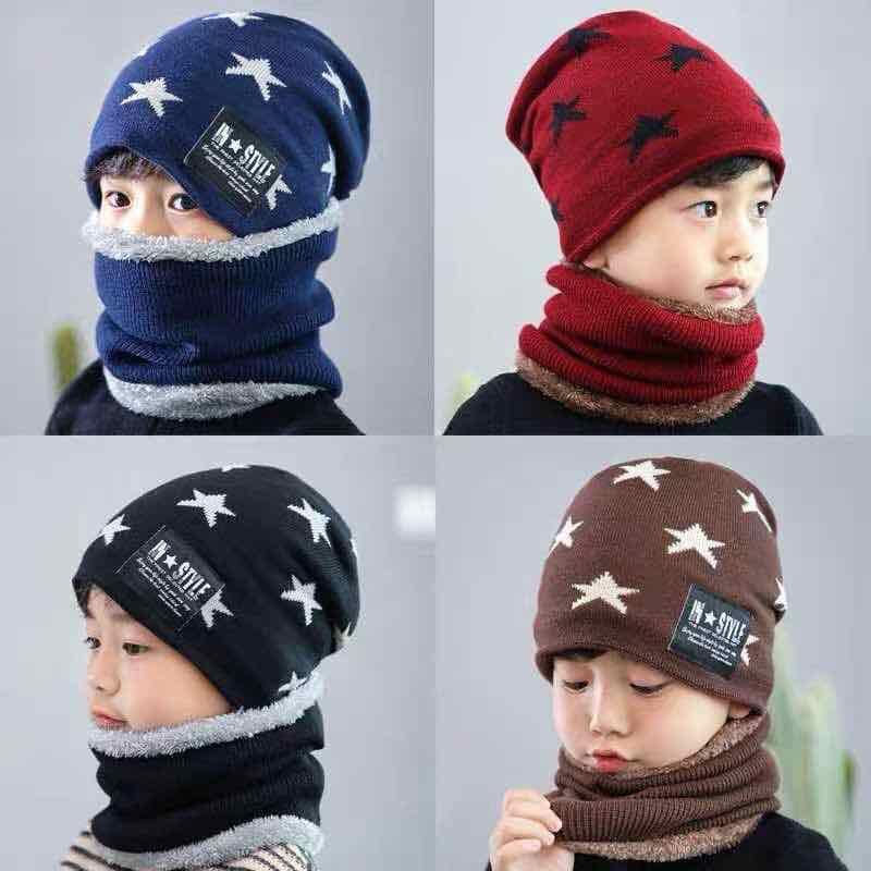 Set Mũ len kèm khăn hình sao có lót lông cho trẻ em
