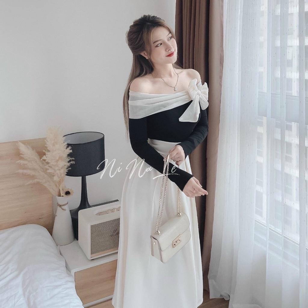 FREE SHIP váy áo tay dài phối nơ trên vai cực xinh kèm chân váy dáng xòe xếp ly tôn dáng sang chảnh KIM GIA DS