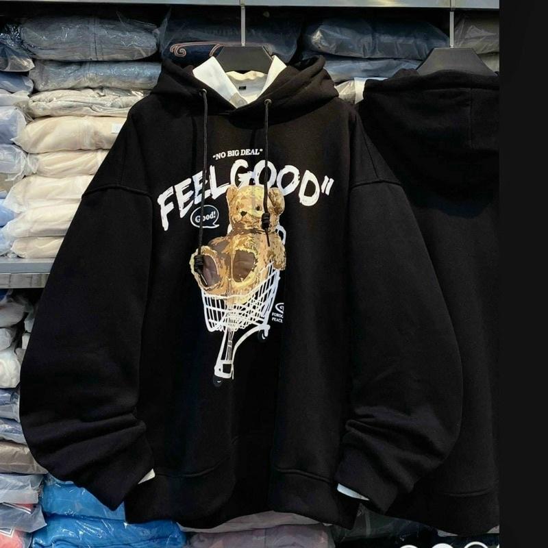 Áo Khoác Bomber Nỉ FEELGOOD in Hình Gấu_ Tay Cánh Dơi Phồng Phom Rộng_Chất Nỉ Bông Ngoại Nhập Không Xù Lông_Hàng May Kỹ