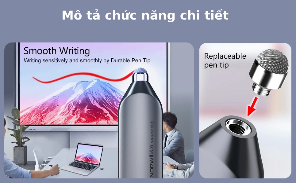 Bút trình chiếu Bluetooth dùng cho màn hình tương tác, LED Norwii N10S Pro laser màu xanh. HÀNG CHÍNH HÃNG CÓ BẢO HÀNH !!!