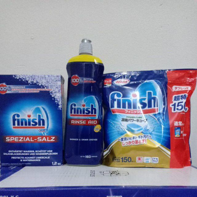 Muối rửa bát Finish 1,2kg+ viên rửa bát Finish 150 viên+ chai nước làm bóng Finish 400 ml