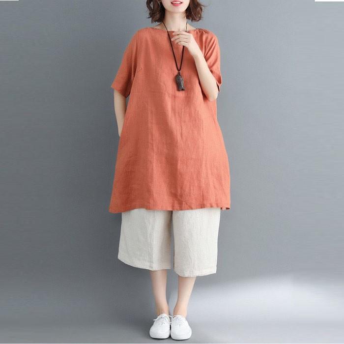 Đầm suông linen cổ tròn tay lỡ Basic, thời trang hè thu 2021