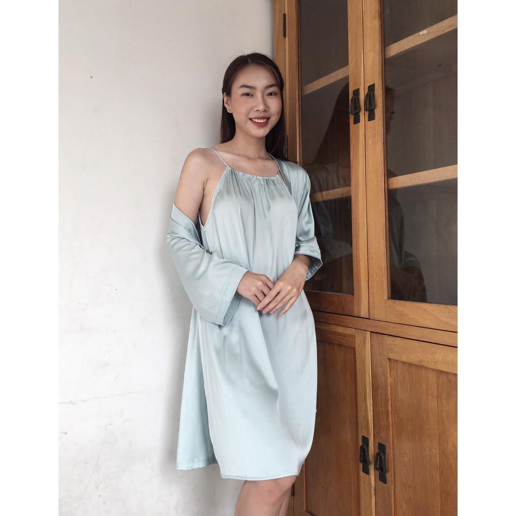 SET ÁO CHOÀNG NGỦ KÈM VÁY LỤA CAO CẤP SANG TRỌNG MÀU XANH NGỌC TẶNG KÈM QUẦN CHIP REN