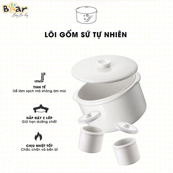 Nồi Nấu Cháo Chậm Cho Bé Bear, Hầm Cháo Chậm, Chưng Yến, Ninh Đa Năng Cho Bé Bear SUBE002 1.6 lít - Hàng chính hãng