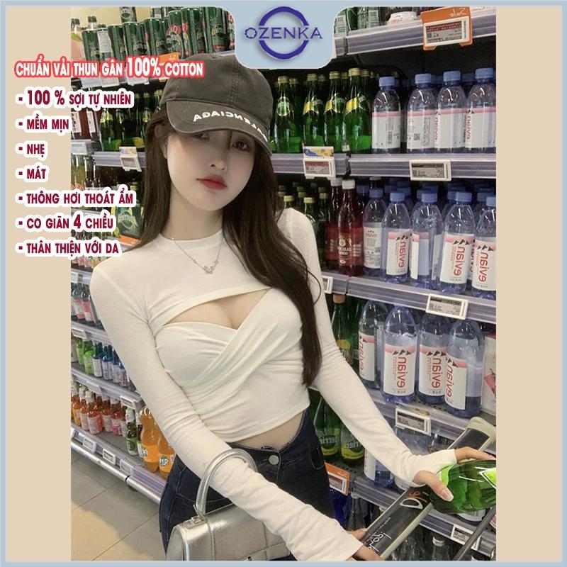 Áo croptop tay dài ôm body khoét ngực gợi cảm OZENKA , crt cổ tròn trắng đen thun cotton 100% đẹp mềm mịn mát dưới 55kg