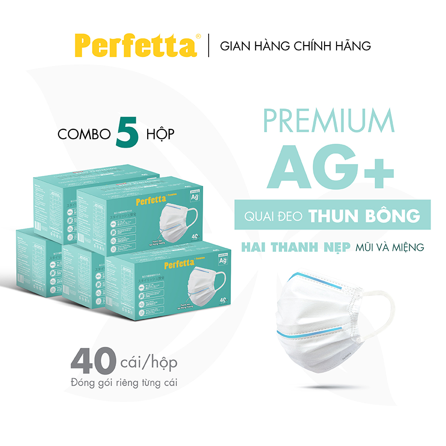 Khẩu Trang Y Tế Cao Cấp Chuẩn Nhật Bản Perfetta Premium Ag, 2 Thanh Nẹp Thông Thoáng 40 Cáihộp - Combo 5 Hộp