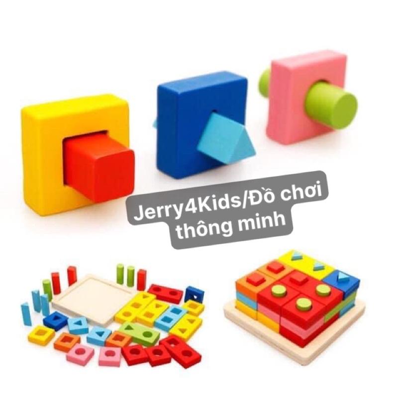 Bộ đồ chơi Montessori thả cọc hình khối gỗ 3D, đồ chơi thông minh cho bé, giáo cụ học tập