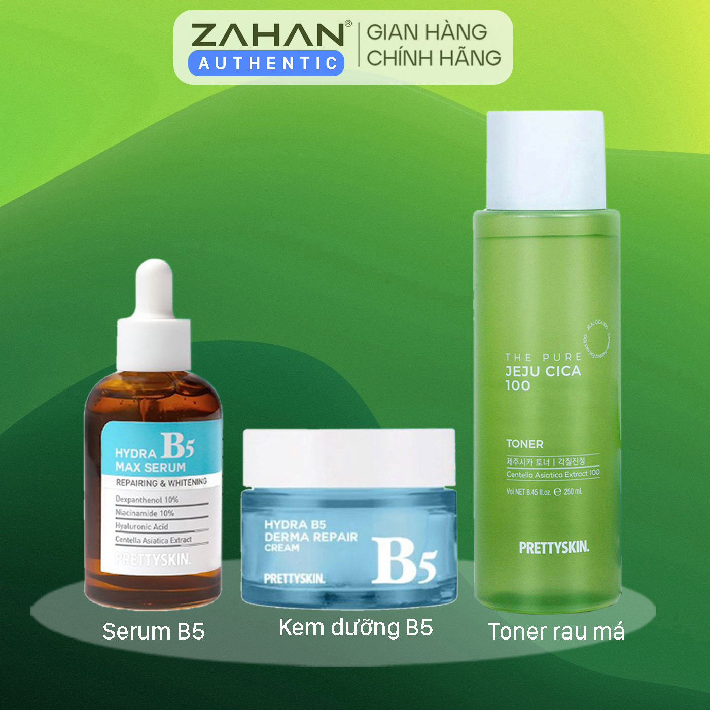 Combo gồm Tinh chất Hydra B5 Max Serum và Kem dưỡng Hydra B5 Derma Repair Cream và Toner rau má