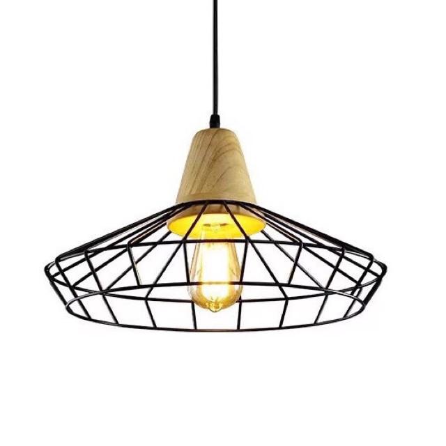 Đèn thả lồng sắt đui gỗ hình nón