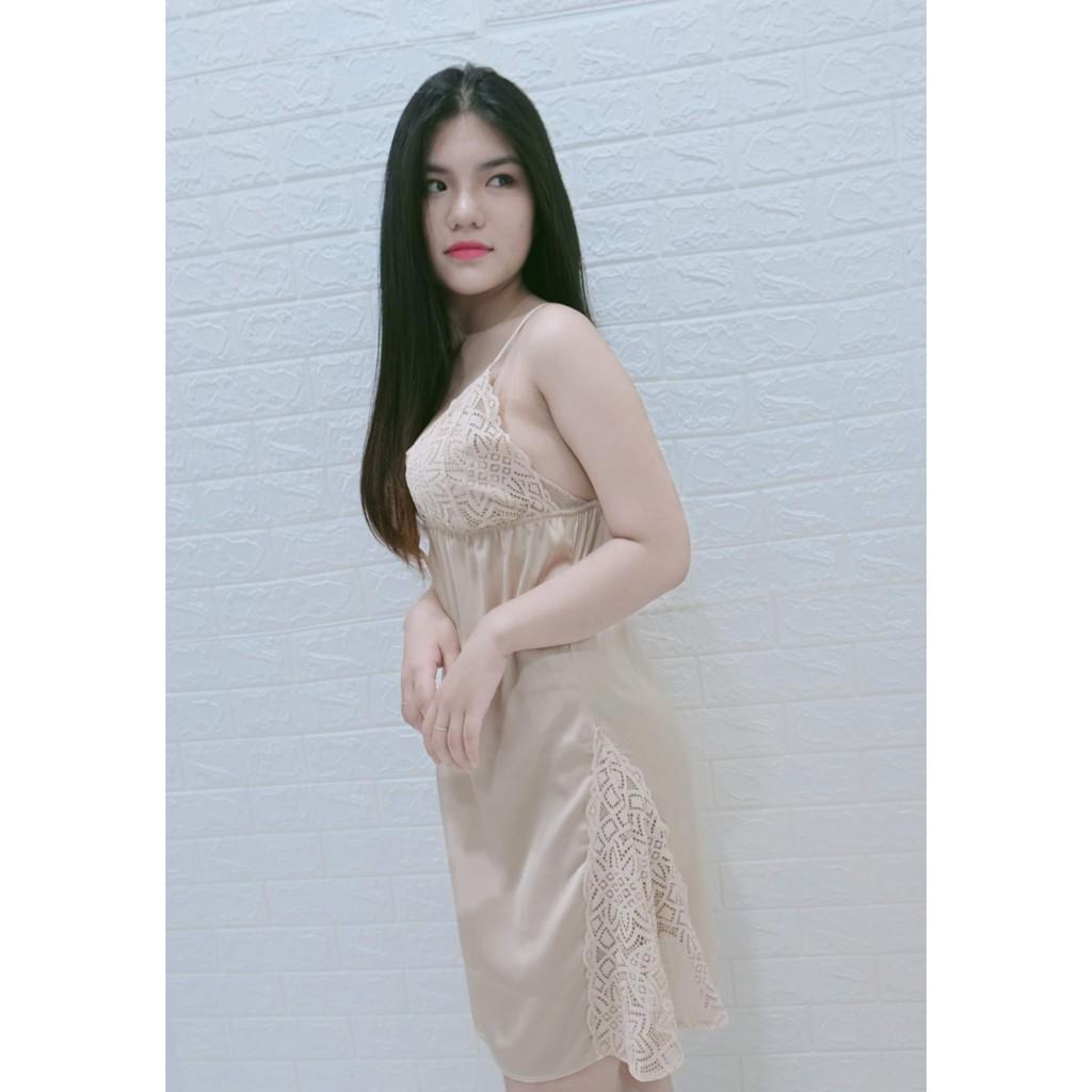 Váy ngủ lụa mặc nhà xinh xắn-màu Nude tặng kèm chip ren xinh xắn